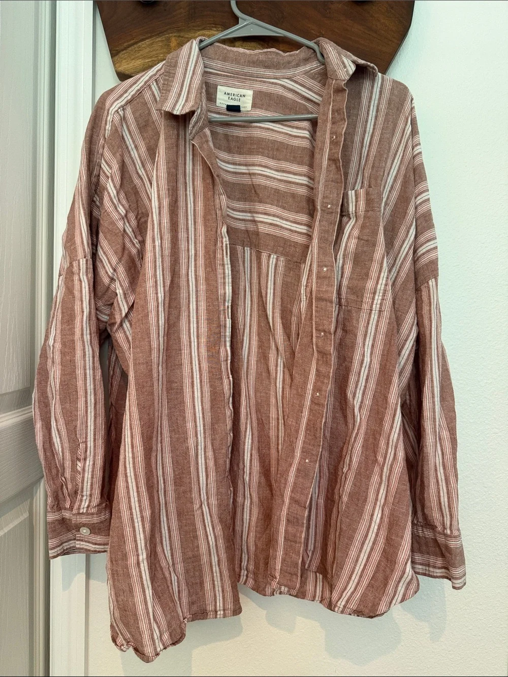 American Eagle Outfitters women Striped Button-Up Shirt go big beach shirt